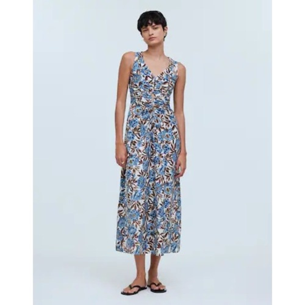 Madewell Sleeveless Vneck Midi Dress Floral Ruched‎ Keyhole Cotton Sundress 2